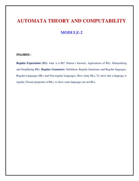 Automata Module Automata Theory And Computability Module Syllabus