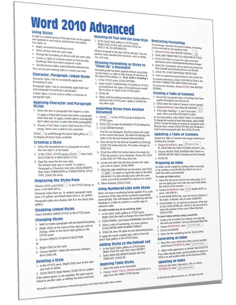 Microsoft Word 2010 Advanced Quick Reference Guide Cheat Sheet Of