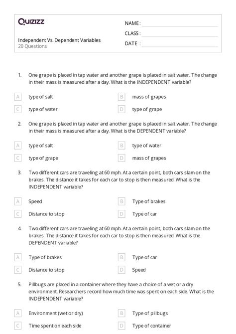 50 Dependent Variables Worksheets For 12th Grade On Quizizz Free