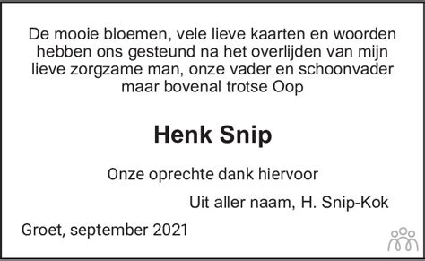 Hendrik Jan Henk Snip 08 08 2021 Overlijdensbericht En Condoleances