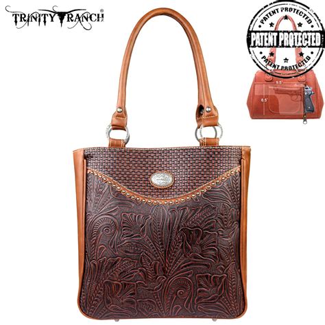 TR26G L8561 Trinity Ranch Tooled Design Concealed Handgun Handbag Brown