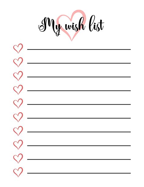 My Wish List Cute Blank Template With Hearts Empty Wishlist With Copy