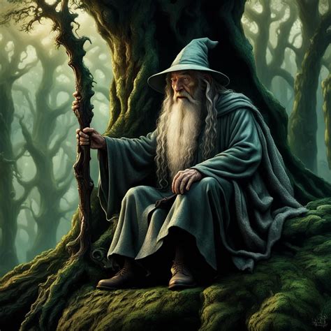 Gandalf The Grey Sitting On A Rock In The Forest Ai Generated Artwork