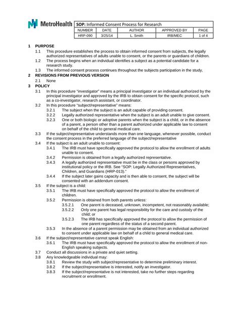 Pdf Sop Informed Consent Process For Research Metrohealth · Sop