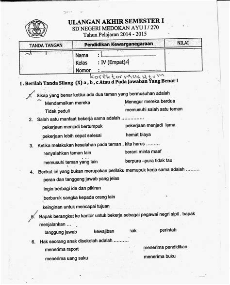 Soal Uas Pkn Sd Kelas Semester Ganjil