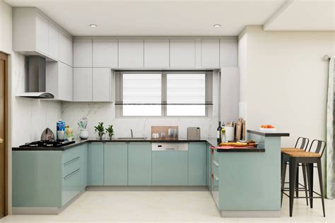 Spacious Kitchen Design With Breakfast Counter And Pale Blue Cabinets