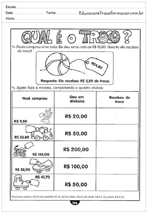 Sistema Monetário Atividades De Matemática 3º Ano Educação E Transformação