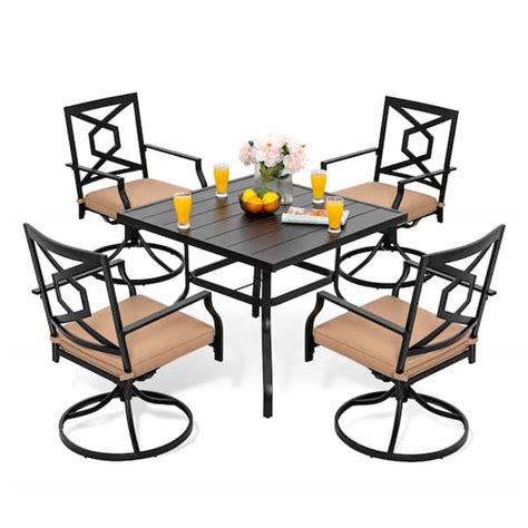 Black 5 Piece Metal Rectangle Patio Outdoor Dining Set With Beige Cushions Table Set And Swivel