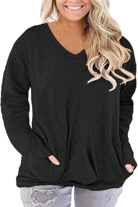 Rosriss Plus Size Tops For Women Long Sleeve V Neck Shirts Oversized