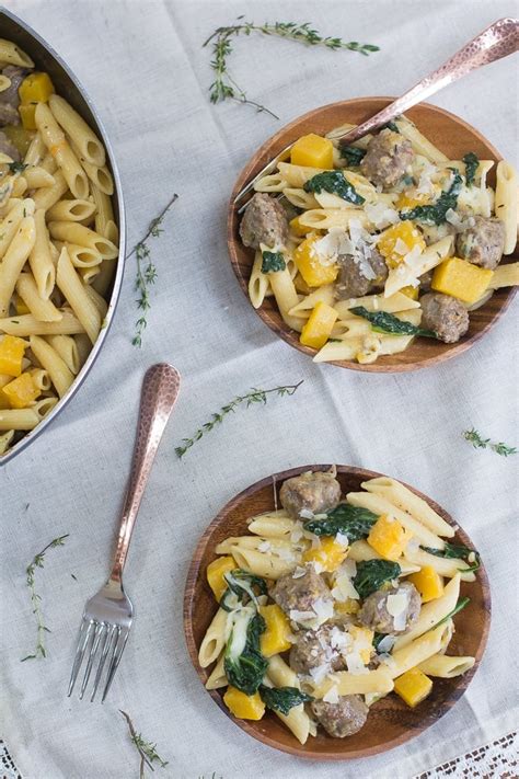 One Skillet Butternut Squash And Sausage Pasta Food With Feeling