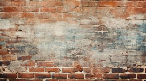 Weathered Red Brick Wall With Old Stone Texture Overgrown With Green