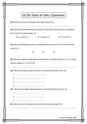 Gcse Biology Sizes Of Cells Practice Questions Teaching Resources