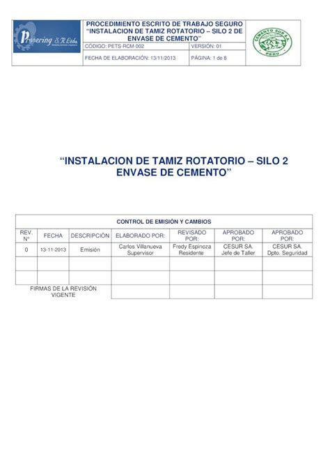 PDF Procedimiento Escrito De Trabajo Seguro Instalacion De Tamiz