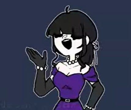 An Animated Image Of A Woman In A Purple Dress With Her Hand Up To The Side