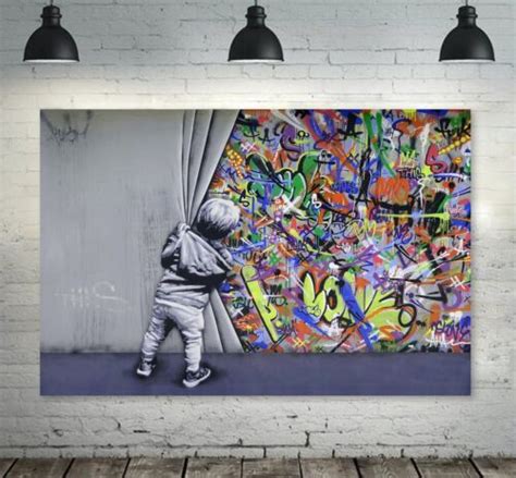 Banksy Whats Behind Curtain Boy Canvas Framed Wall Art Picture Print