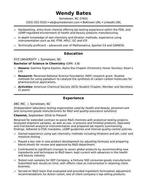 Entry Level Chemist Resume Sample