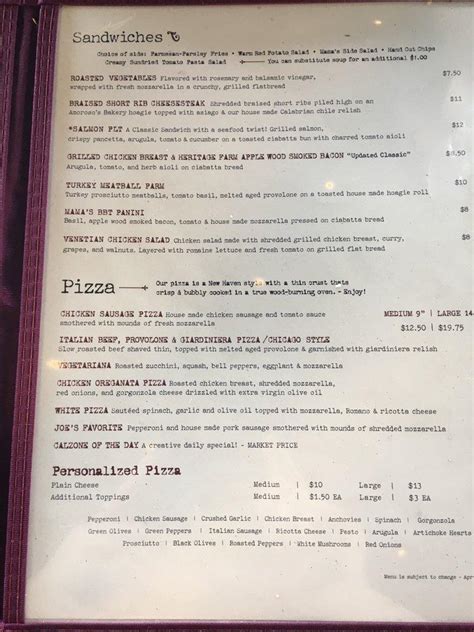 Menu at Mama Ricotta's restaurant, Charlotte