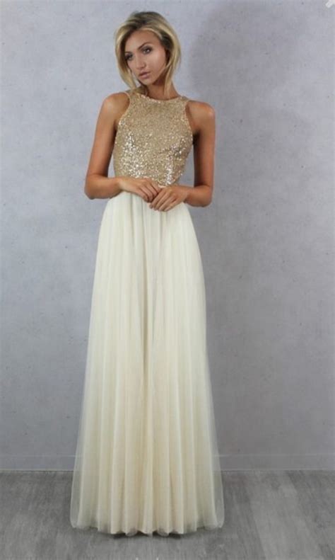 Charmming Chiffon Tulle With Top Champagne Gold Sequin Bridesmaid Dress