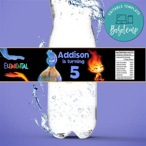 Customizable Elemental Pixar Birthday Water Bottle Label Template