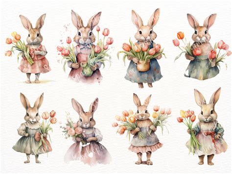 20 Watercolor Bunny Rabbit With Tulips PNG Spring Bunny Clip Art