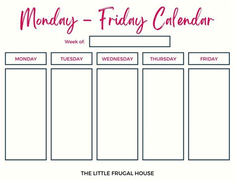 Free Printable Calendar: Monday Through Friday (4 Weekly Color Options)