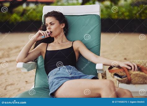 Woman Lying Sea Smiling Sunbed Ocean Beach Sand Lifestyle Resort Relax