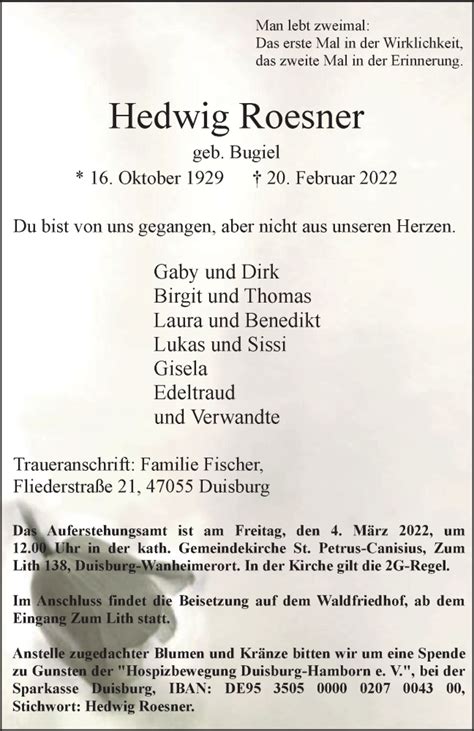 Traueranzeigen Von Hedwig Roesner Trauer In NRW De