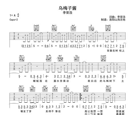 乌梅子酱吉他谱 李荣浩新歌 G调编配吉他六线谱 吉他派