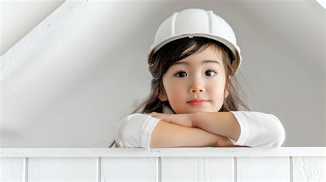 Premium Photo Young Girl Posing In A White Helmet Aspiring Architect