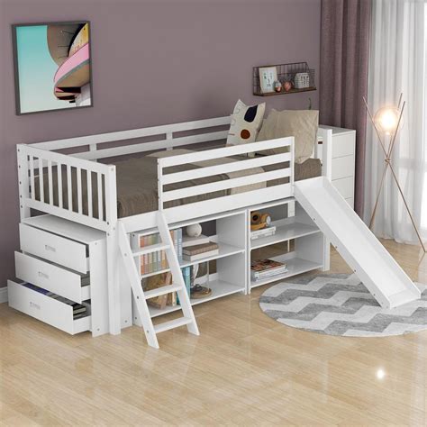 Reviews For Urtr White Twin Loft Bed With Slide Wood Low Loft Bed With