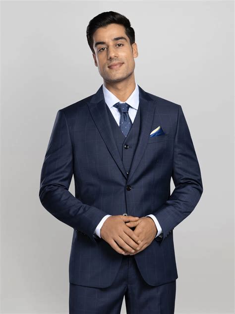 Men's 3 piece Checkered Business Suit - Blue - P N RAO