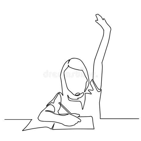 Continuous One Line Drawing Happy Girl Sitting In A Classroom Raises