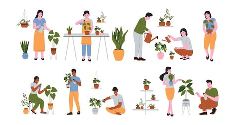 Premium Vector Set Collection Of People Taking Care Of Plants