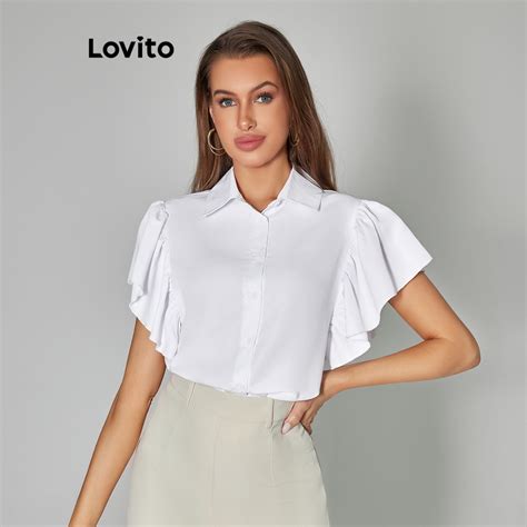 Lovito Blusa Casual Simples Babados Para Mulheres Lba Branco