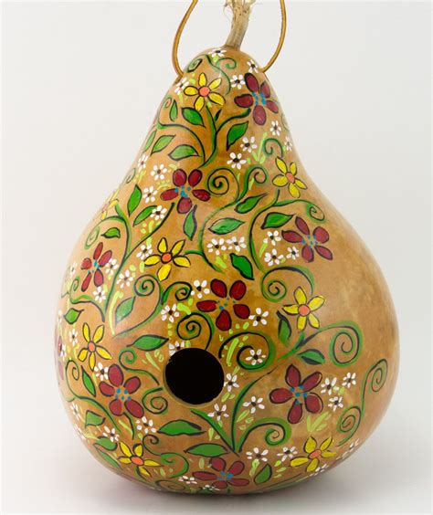 Painted Gourd Birdhouse Floral Design Perfect For The Garden