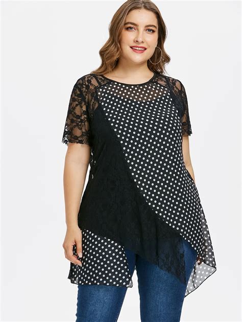 Gamiss Plus Size Lace Polka Dot Top With Cami Women T Shirt Summer Top