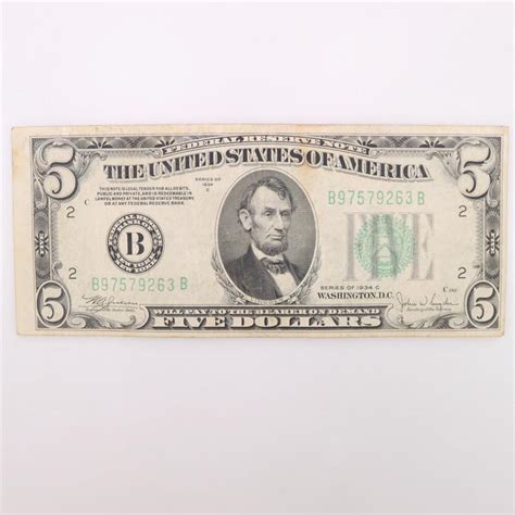 1934 C Us Federal Reserve Note Five Dollar Bill Property Room