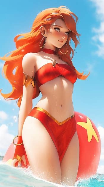 Ein wunderschönes rothaariges anime mädchen in schwarzem bikini in einem schwimmbad Premium Foto