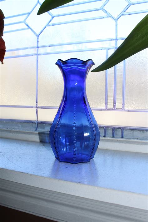 Art Deco Cobalt Blue Glass Vase Beaded Rib Vintage 1920s