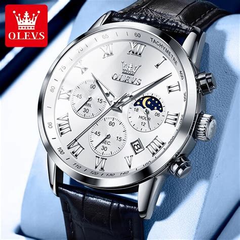 Olevs Luxury Quartz Watch For Men Chronograph Moon Phase Multi Funtion