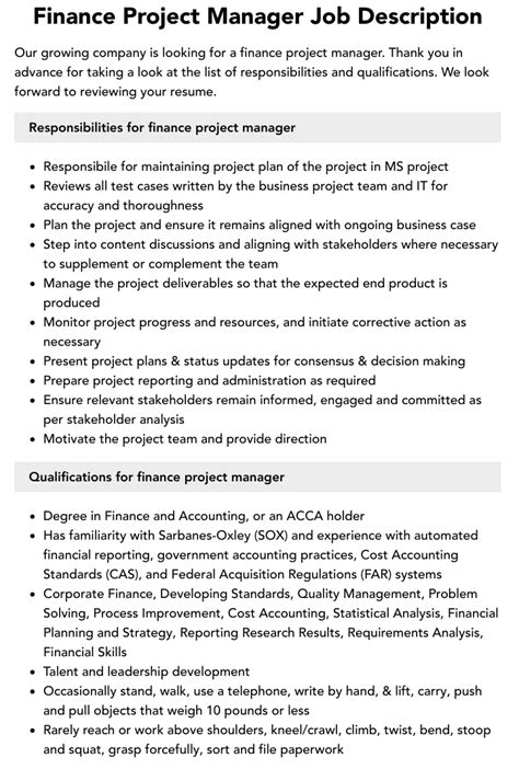 finance project manager job description velvet jobs