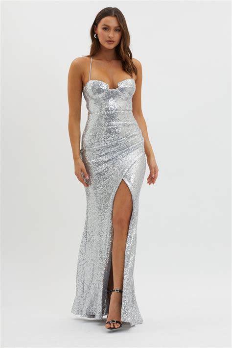 Starry Eyes Lace Up Back Sequin Maxi Dress Silver Sequin Maxi Dress