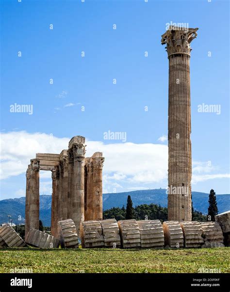 Temple Of Olympian Zeus And Acropolis Hill Athens Greece Stock Photo