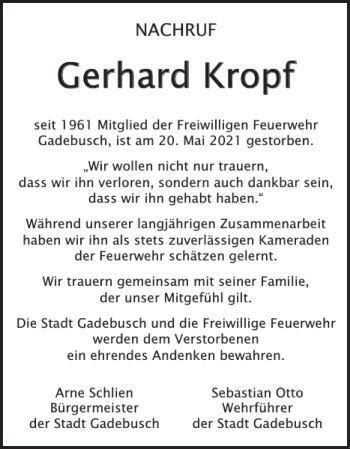 Traueranzeigen Von Gerhard Kropf Trauer Nordkurier