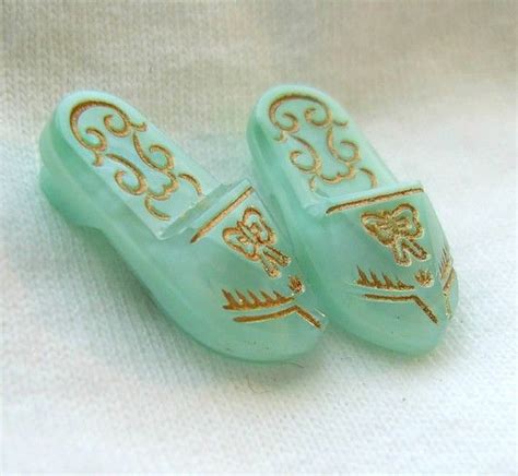 Pair Czech Mint Glass Moonglow Princess Genie Slipper Buttons Antique