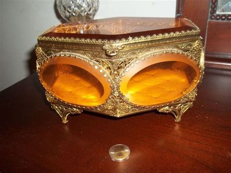 Vintage Large Gold Ormolu Beveled Amber Glass Jewelry Trinket Box Casket Trinket Boxes