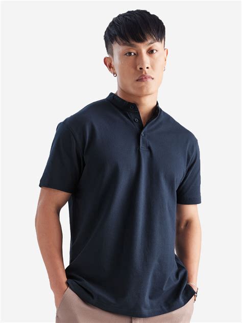 Buy Solids Navy Men Mandarin Polo Online