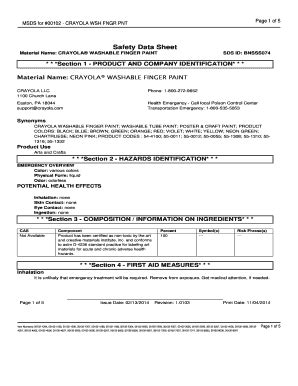 Fillable Online MSDS For 00102 CRAYOLA WSH FNGR PNT Material Safety