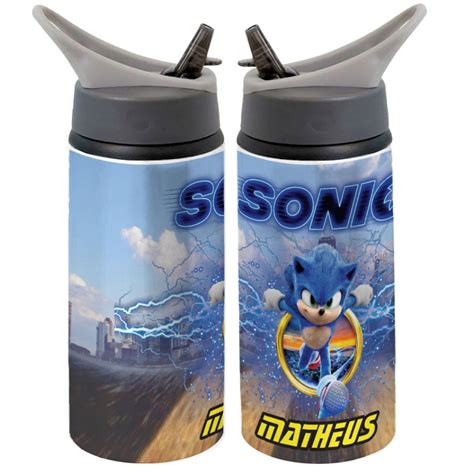 Garrafa Squeeze Gamer Desenho Sonic Escolar Nome Elo