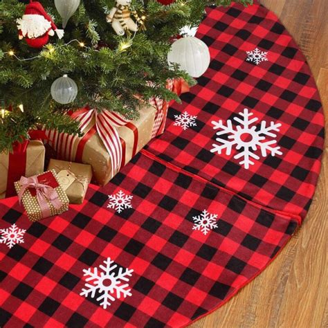 Red Black Buffalo Plaid Christmas Tree Skirt With Snowflakes